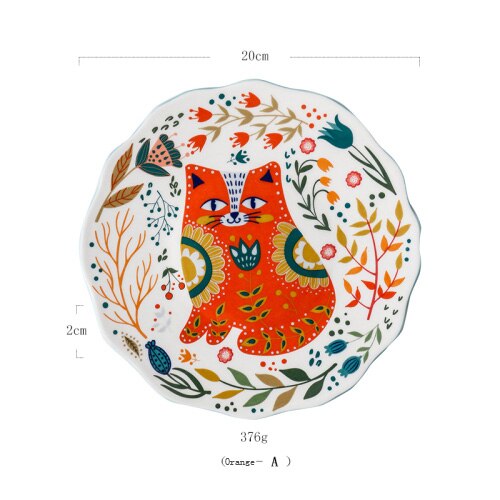 Plat de couleur en céramique dessin animé | Assiette ronde de couleur, style japonais peint à la main, chat chanceux, personnalité, vaisselle créative pour la maison, vaisselle nordique: Orange-A
