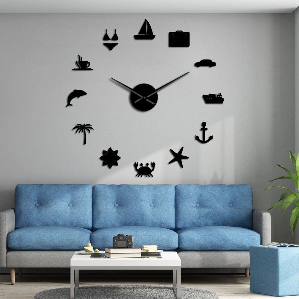 Horloge murale 3D pour le surf, la plage, les , la natation, la voile, le soleil, effet miroir, autocollant décoratif