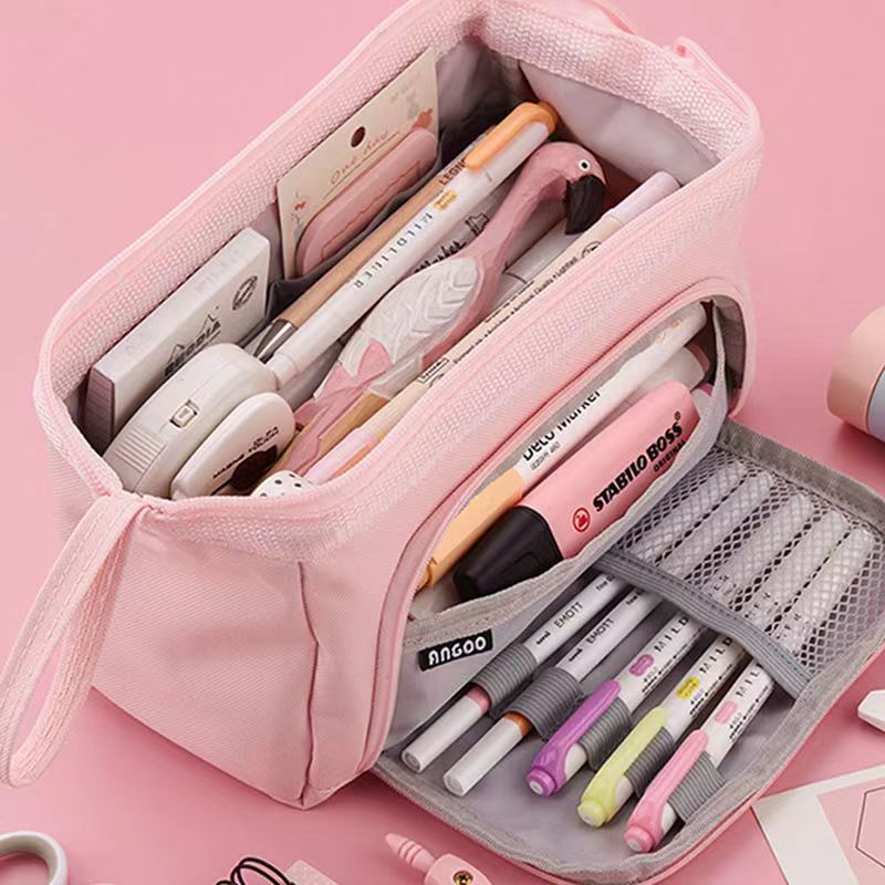 Cute Pencil Case Special Macaron Color Side Window Canvas Big Pencil Pouch Pen Box Storage Bag Student School Stationery: Pink