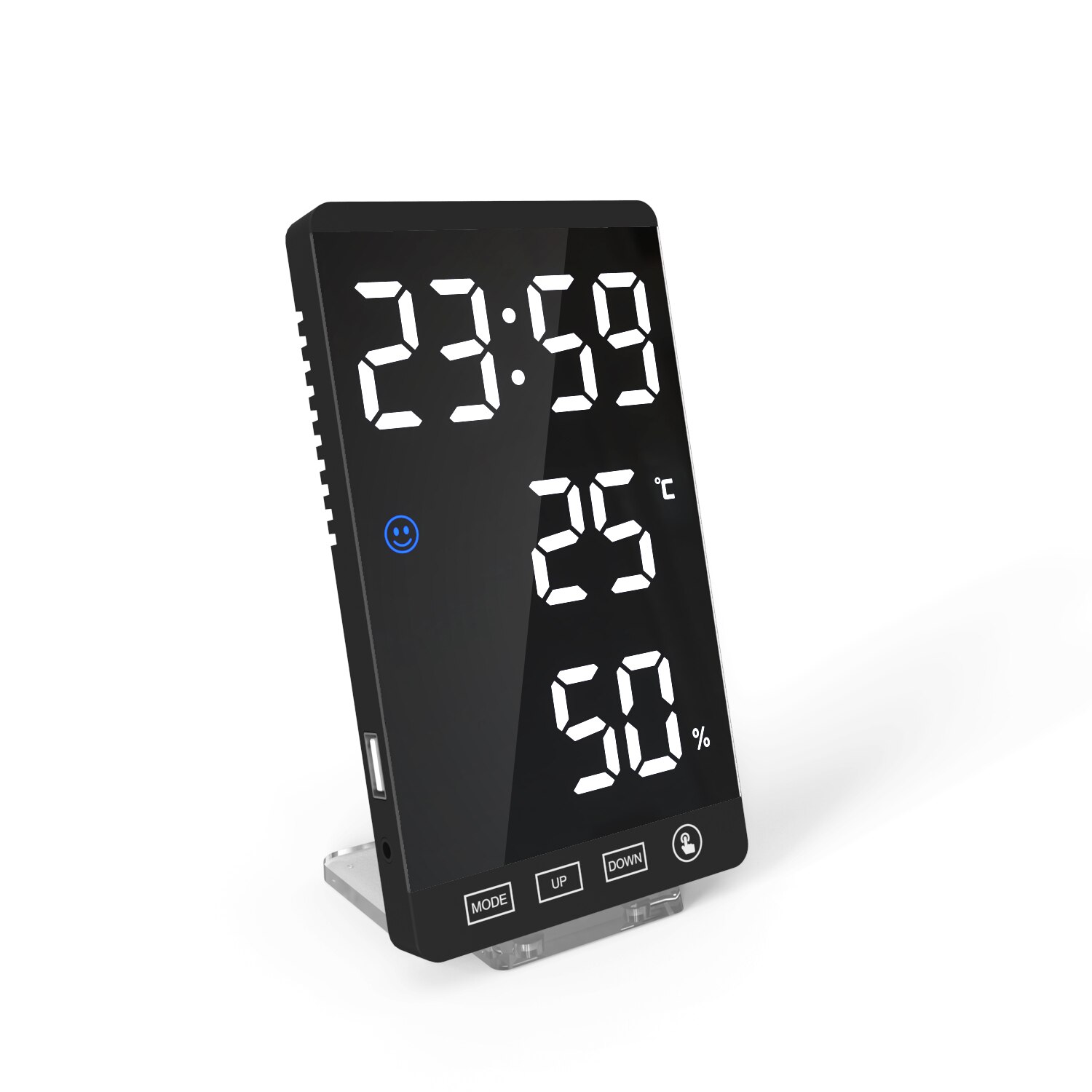 Touch screen LED digital alarm clock with with temperature and humidity meter 12/24 hours switch Dimmable clock: White