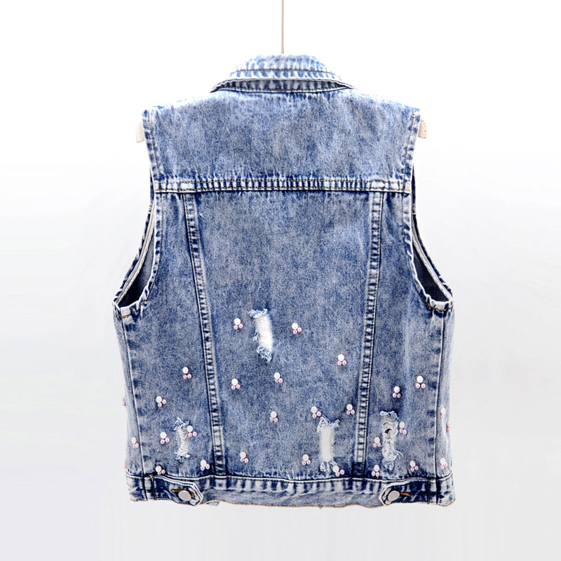 Street style 3d blomster broderi denim vest kvinder med perler jean veste ærmeløs
