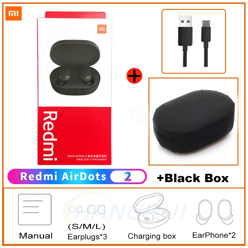 Xiaomi Redmi Airdots 2 Draadloze Bluetooth 5.0 Opladen Earphones Stereo Bass Oordopjes Met Microfoon Handsfree Ai Controle Oordopjes: Add Black Cable