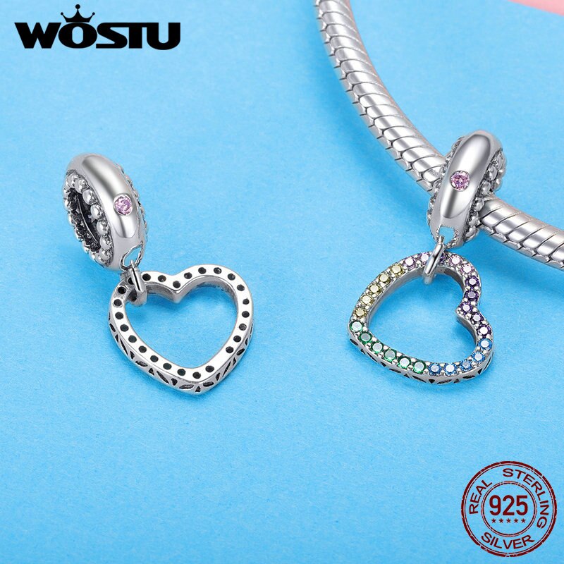 WOSTU-Colgante dijes de plata de ley auténtica con forma de corazón colgante dijes de arcoíris aptos para DIY, cuentas, pulsera, collar, joyería, para enamorados, FIC896