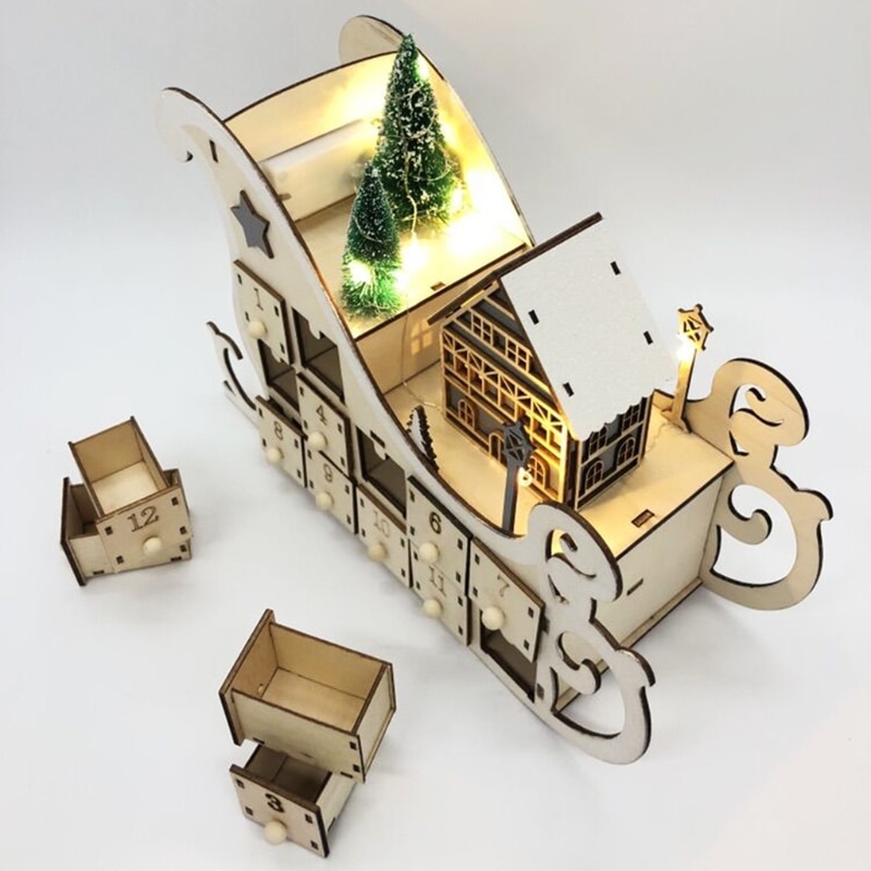 1pc/set Tree House Sleigh Wooden Advent Calendar Countdown Christmas Party Decor 24 Drawers with LED Light Ornament Xmas Decor