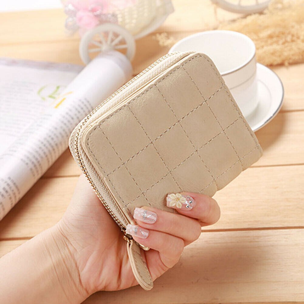 Delle Signore Delle donne Portafoglio In Pelle Con Zip Della Borsa Della Moneta Della Frizione Della Borsa Piccolo Mini Supporto di Carta: Beige
