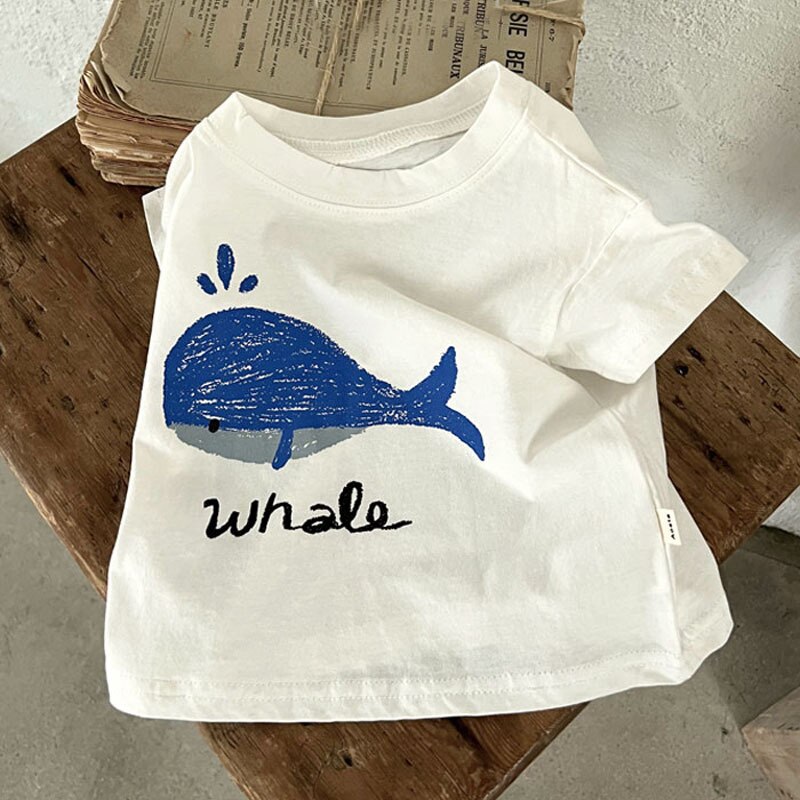 2022 Mode Korte Cartoon Krab/Walvis Afdruk Zomer T-shirt Baby Jongens Meisjes Uitgaan Tops Tee Outfits: blue / 12M 80cm