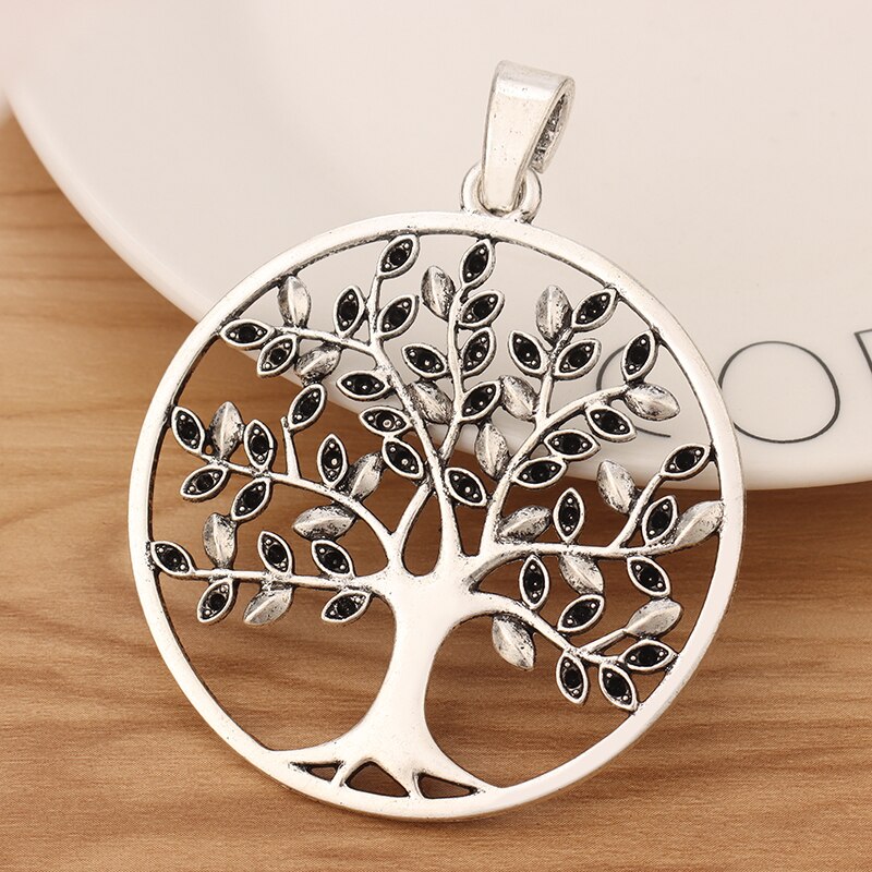 Abalorios redondos de árbol grande de plata tibetana, colgante para collar, fabricación de joyas, 75x59mm, 2 piezas