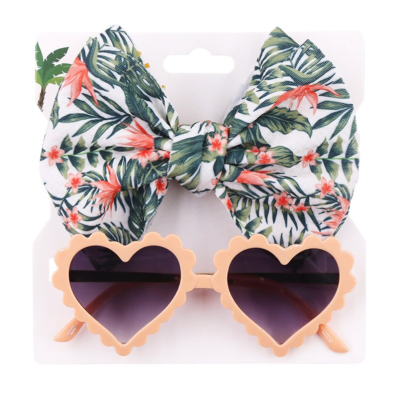 2Pcs/Set Dot Flower Leopard Print Baby Headband with Heart Sunglasses Kids Elastic Nylon Hair Band Girls Hair Accessories: set5