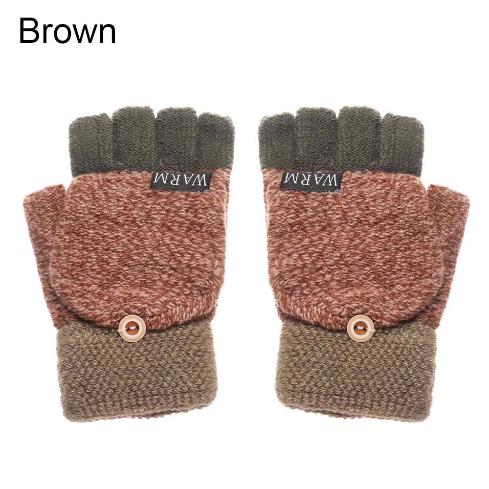 Winter Warm Thickening Wool Gloves Knitted Flip Fingerless Flexible Exposed Finger Thick Mittens for Men Women: brown