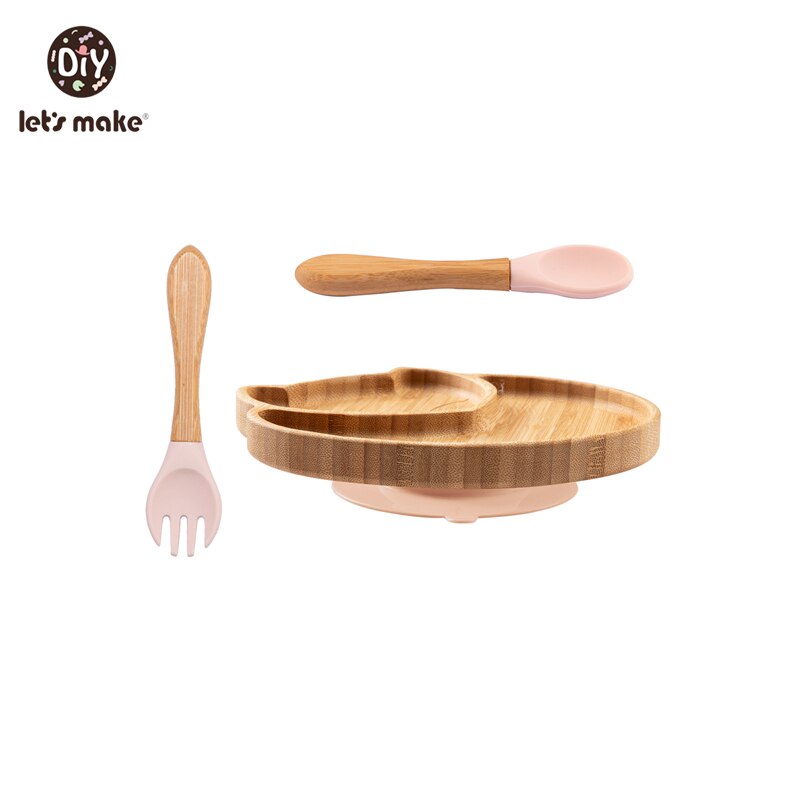 Let&#39;s Make Baby Dinner Plates Set Wooden Cartoon Dinner Plate Fork Spoon Children Feeding Plate Safe Edible Silicone Product: Set 2