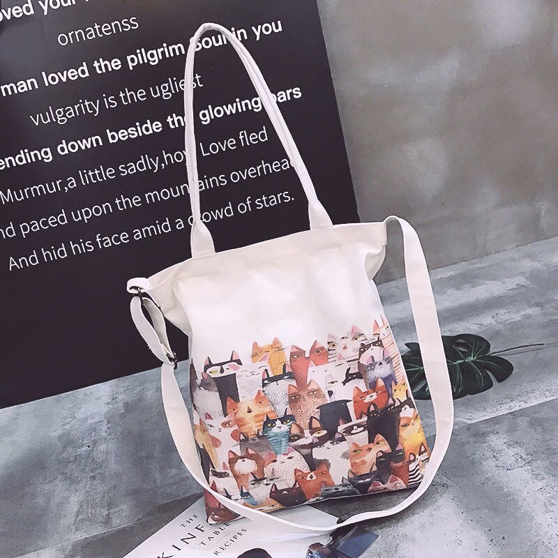 Bolsa de pano de gato para mulheres, bolsa de lona feminina estampada fofa branca para livros, de 2020 de tela: Style 2