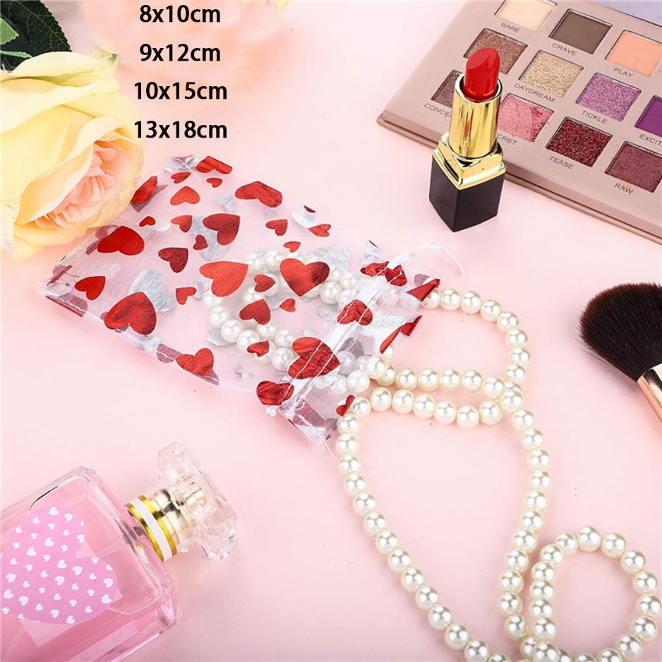 100 Stks/partij 8X10 9X12 10X15 13X18Cm Rood Hart Organza Bag Sieraden verpakking Roze Zakjes Stamping Valentijn Dag