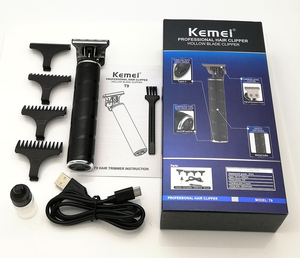 Kemei T9 Pro Li T-Outliner Skeleton Heavy Hitter Cordless Trimmer Men 0mm Baldheaded Hair Clipper Finish Hair Cutting Machine: black with box