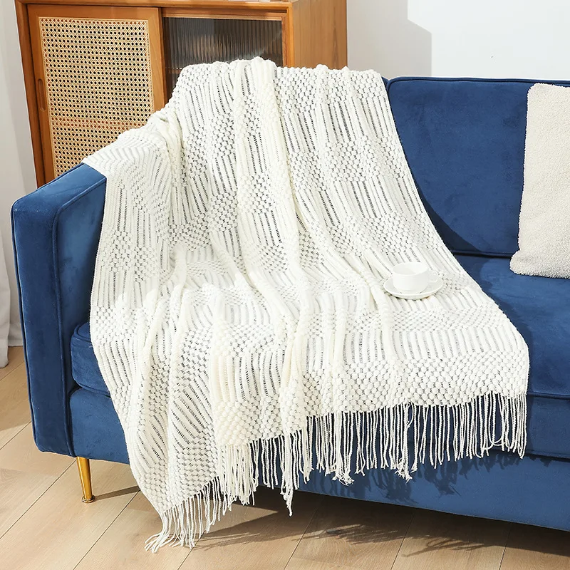Knitted Blanket Casual Air Conditioned Office Padded Vintage Nap Bed Foot Travel Blanket: WHITE