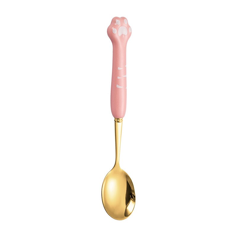 Cute cat claw ceramic 304 stainless steel tableware spoon fork chopsticks cute cartoon spoon gold spoon fork: Pink gold spoon