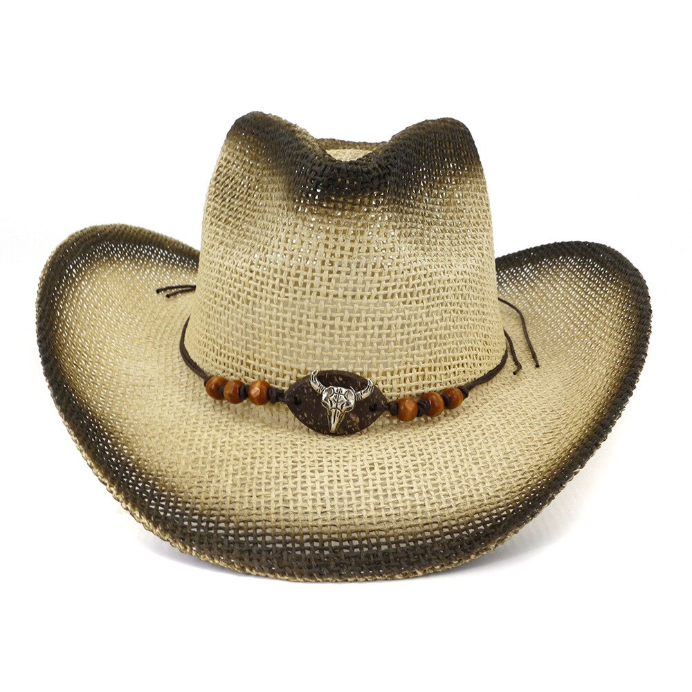 QBHAT Black Paint Spraying Men Women Paper Straw Cowboy Hat with Cow Head Decor Summer Large Brim Beach Sun Cap Travel Sunhat: Beige