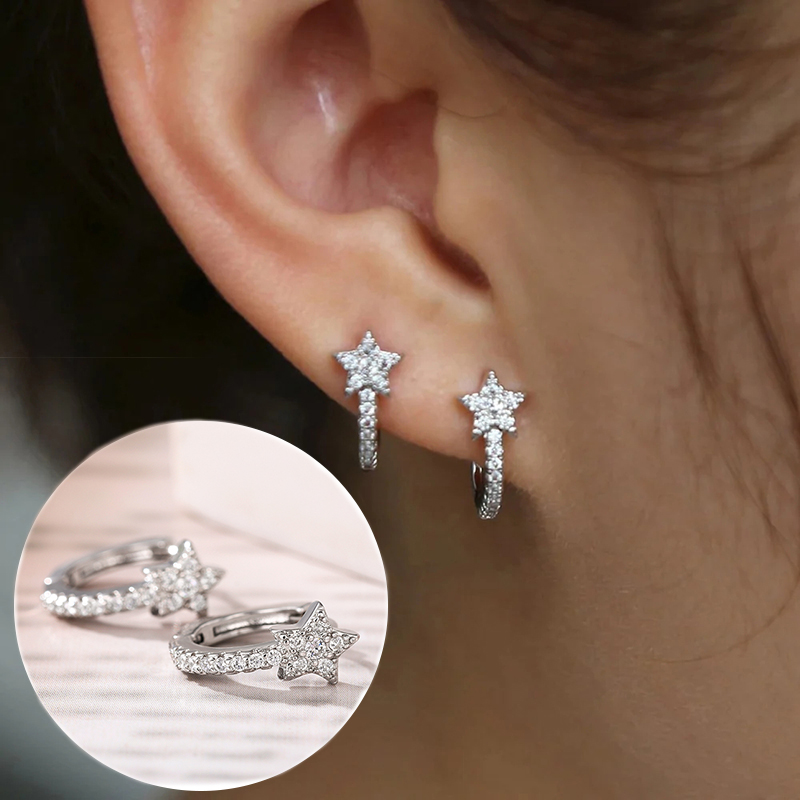 Huitan moda estrela hoop brincos com deslumbrante cz simples elegante acessórios de orelha para mulheres cor prata requintado meninas jóias: Default Title