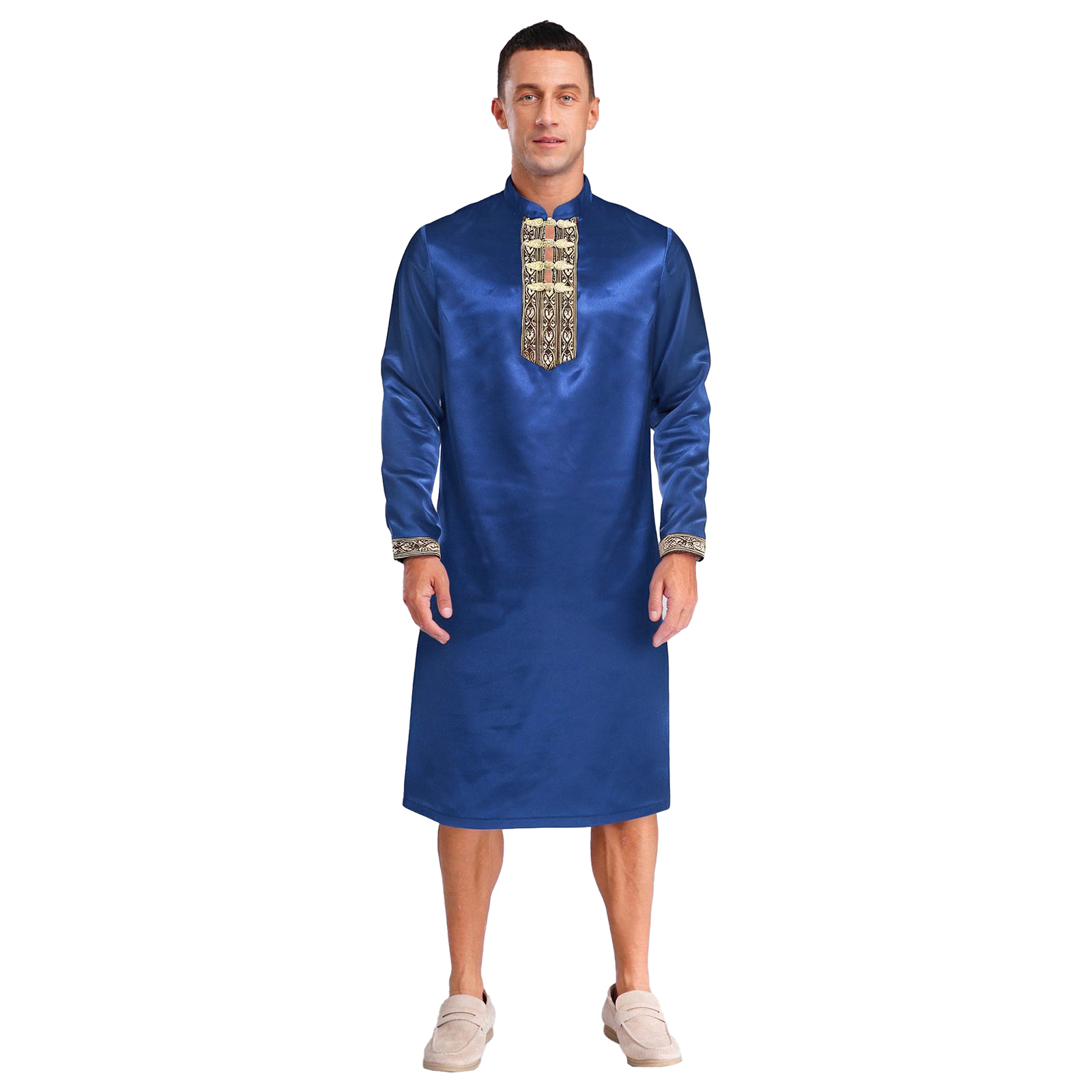 Túnica india para hombre, ropa de oración, disfraz de Cosplay tradicional, satén bordado, botones de nudo Kurta, bata musulmana con abertura lateral