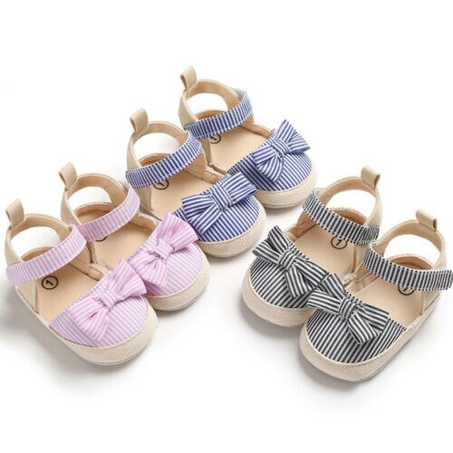 Toddler Girl Crib Shoes Sandals Newborn Baby Bowknot Striped Shoes Soft Sole cloth Prewalker Sneakers Summer Sandals