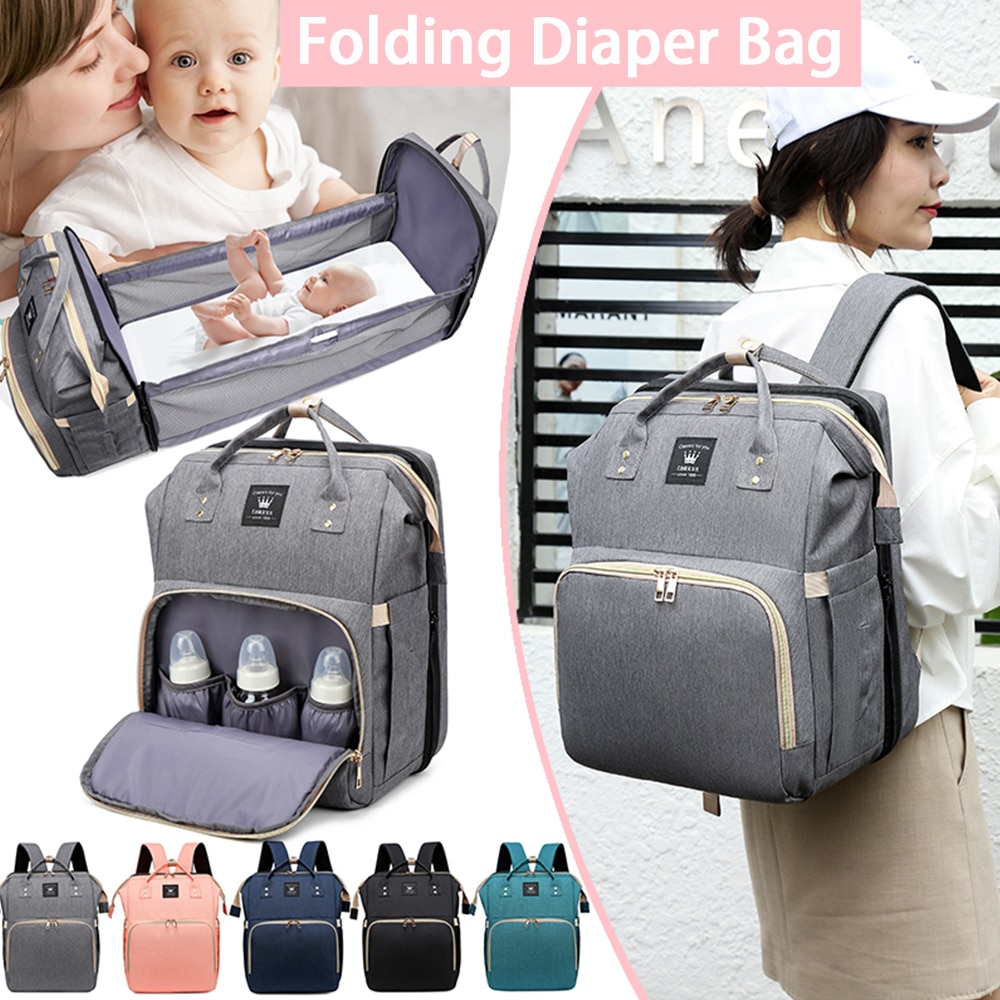 Diaper Bag Multifunctional Mom Baby Folding Bed Rucksack Mom Dads USB Backpack Nursing Handbag Stroller Traveling Knapsack