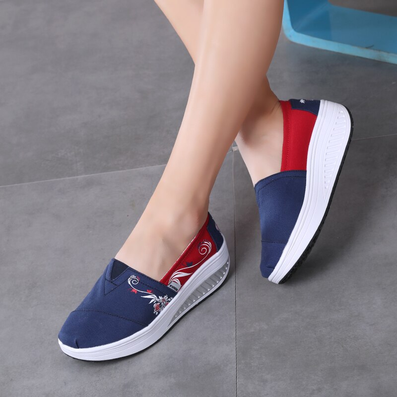 Minika Women Girls Canvas Platform Shoes Printing Slip On Swing Shoes Fitness Height Increasing Toning Walking Shoes