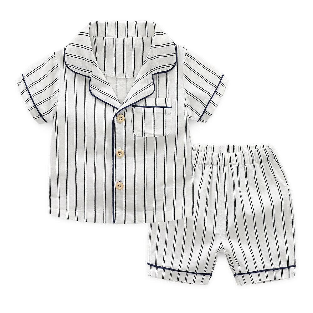 Pudcoco Gestreepte Gentleman Stijl Zomer Peuter Kids Jongens Kleding Nachtkleding Pyjama Set Shirt + Broek: WHITE / 5T