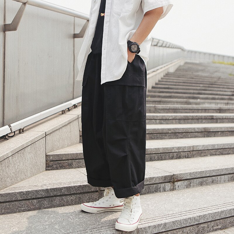 Menn casual straight japanske cargo bukser herre løs collage brede ben bukser menn streetwear bukser rumper: Xxl / Svart (asiatisk størrelse)