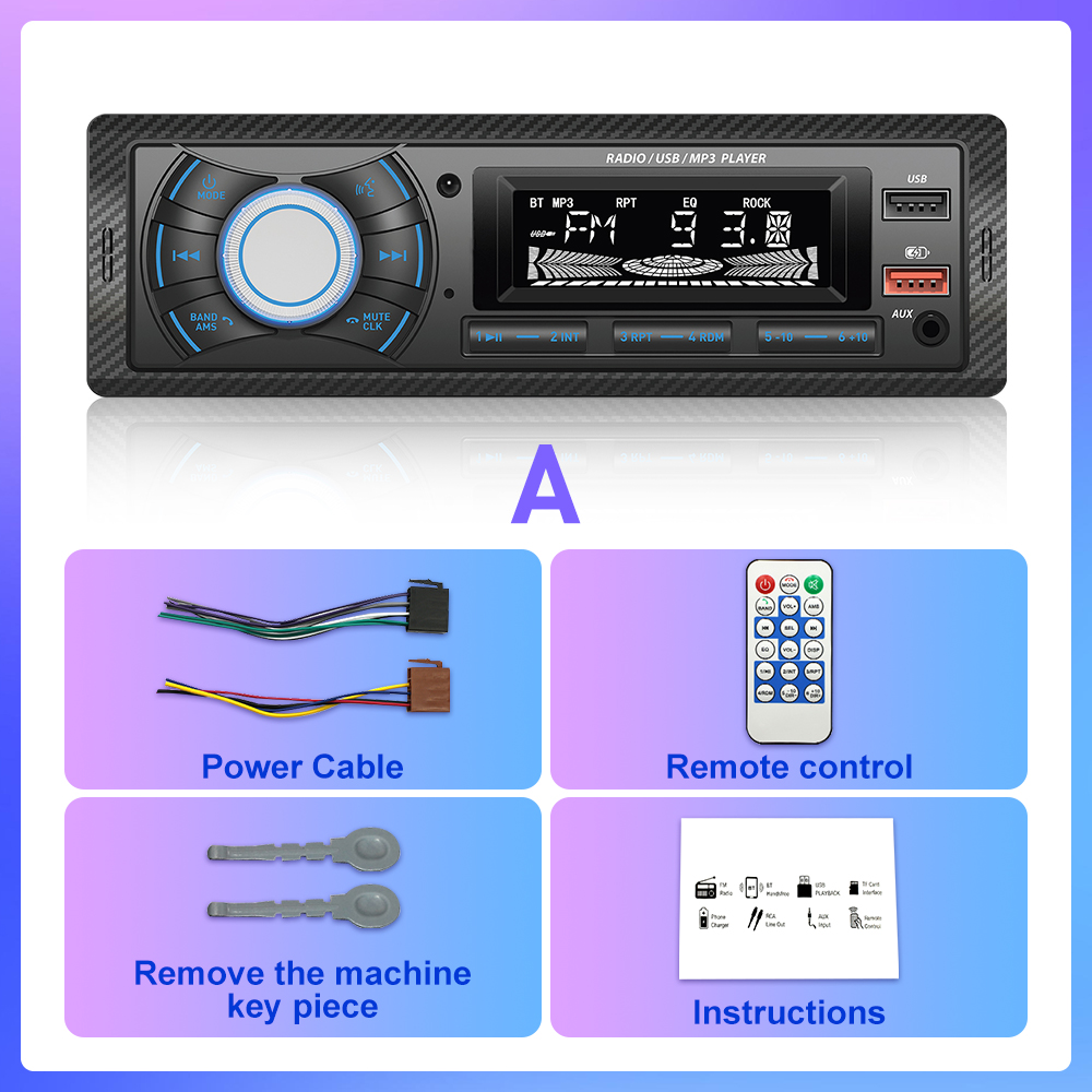 Reproductor MP3 de Radio para coche, sintonizador FM, estéreo, USB, Audio para coche, estéreo, SD, TF, USB, reproductor Multimedia, Autoradio, Control remoto, Bluetooth, 1 din: Negro