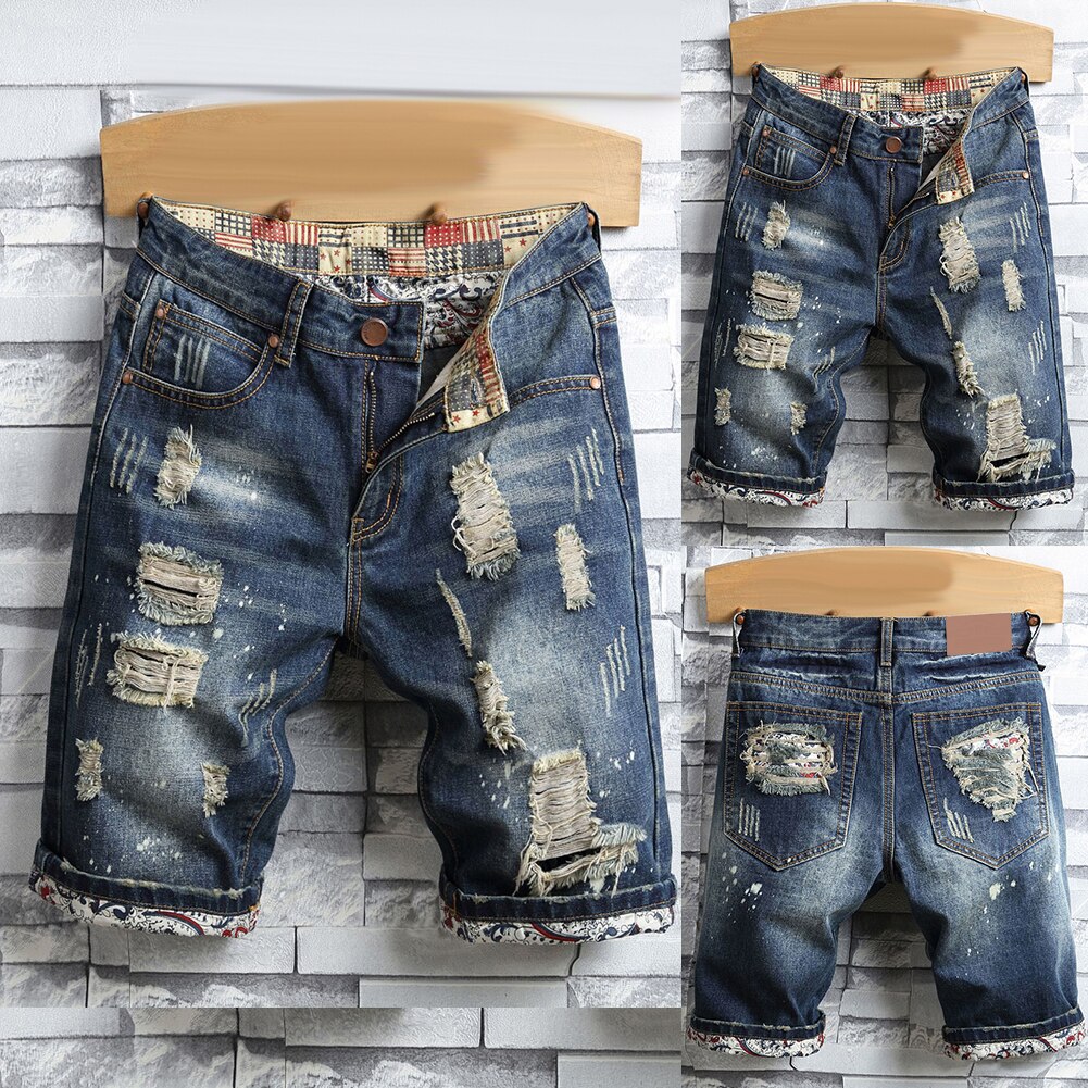 Retro sommer mænd ripped denim shorts jeans ødelagt hul plus size fifth bukser streetwear sommer lige denim ripped shorts