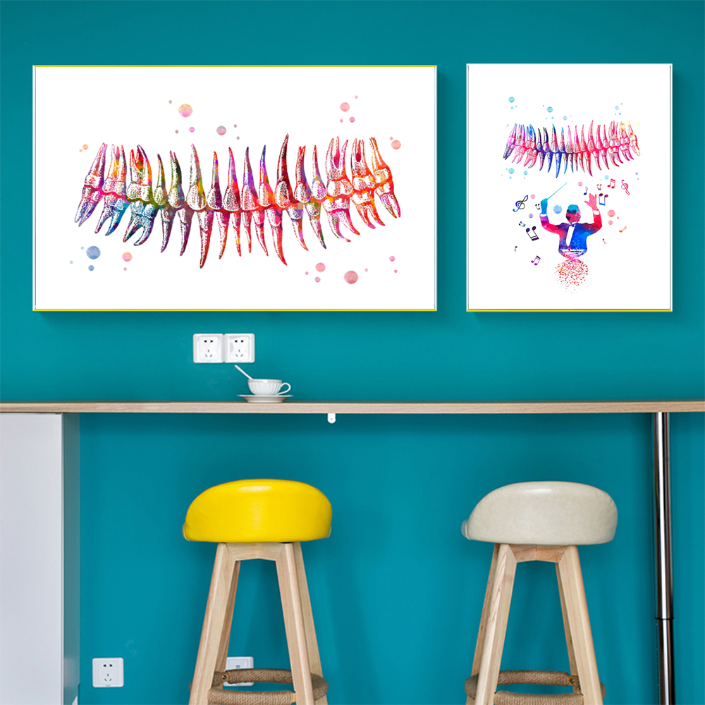 WANGART Tanden Aquarel Print Dental Art Tandarts Poster Menselijk Tanden Anatomie Stomatologie Decor Kliniek Muur Decor Doctor