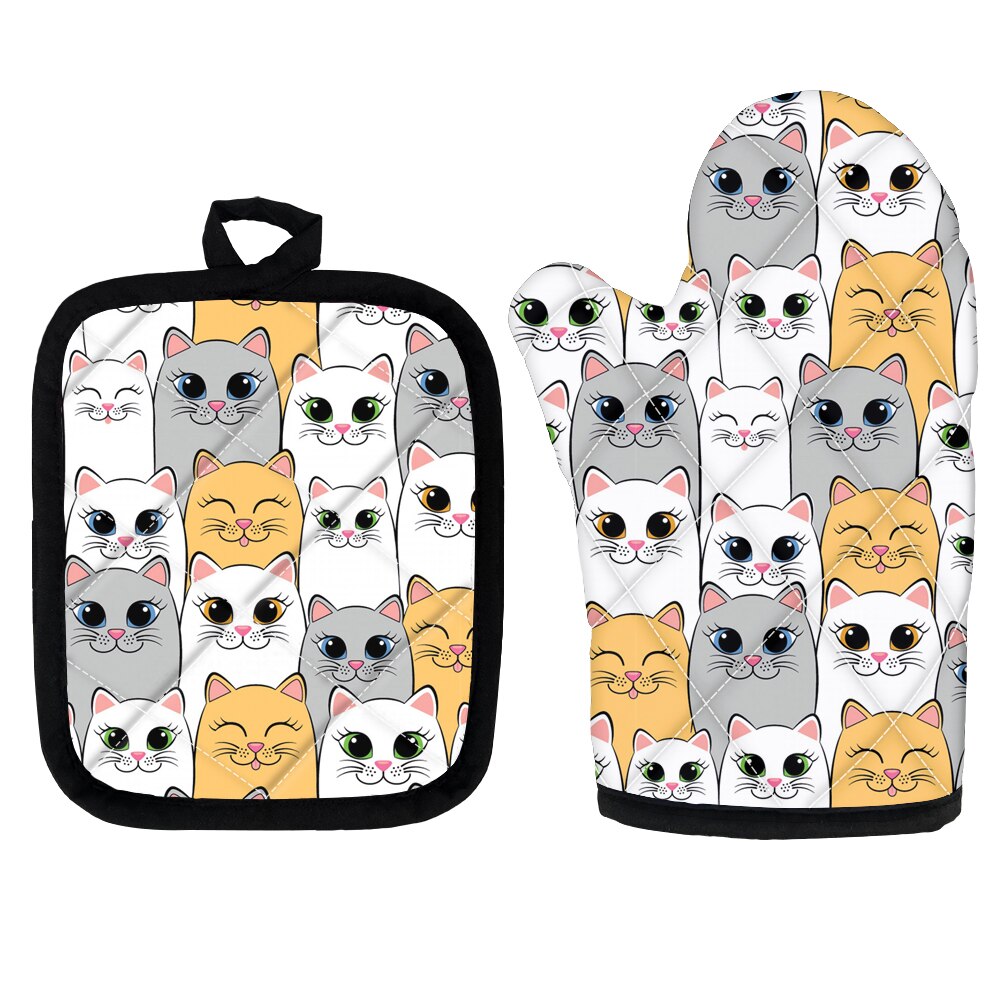 High Heat Protect Gloves Cute Cartoon Cat Print Polyester Microwave Oven BBQ Mitt Potholder Kitchen Mittens and Pad for Cooking: Z5838D19