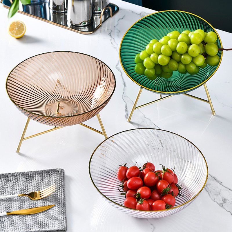 Cuencos de plástico para servir frutas, Bol redondo transparente para ensalada, plato de aperitivos con borde dorado, con estante de Metal, contenedor de comida para