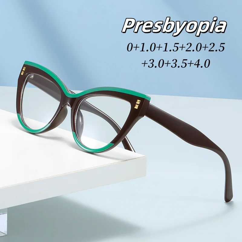 Katze-Auge-Rahmen, blaues Licht blockierende Presbyopie-Brille, ultraleichte Lesebrille, luxuriöse übergroße Fernsichtbrille bis +4,0