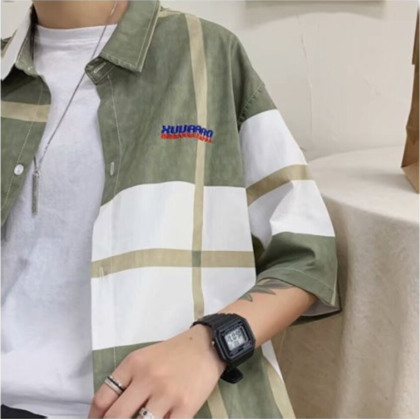 Colorblock Tooling Short-sleeved Shirt Men Korean Business Casual Formal Shirt Harajuku Streetwear Plaid Short-sleeved Shirt