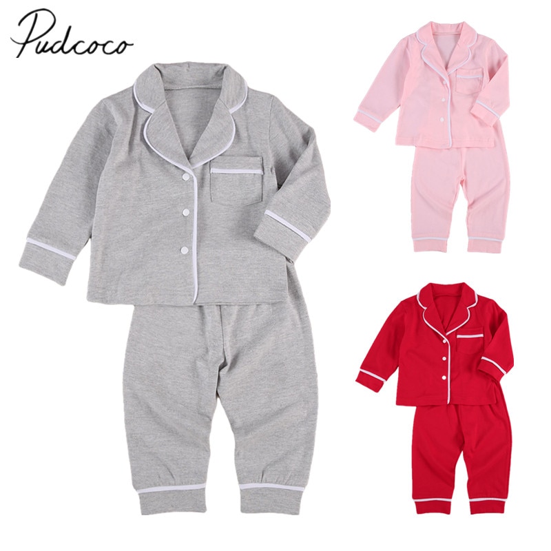 Kleinkind freundlicher Baby Mädchen Jungen 2Stck 100% Baumwolle Schlafanzug setzt Langarm Jacke Hemd Hosen Feste Nachtwäsche 6M-5Y