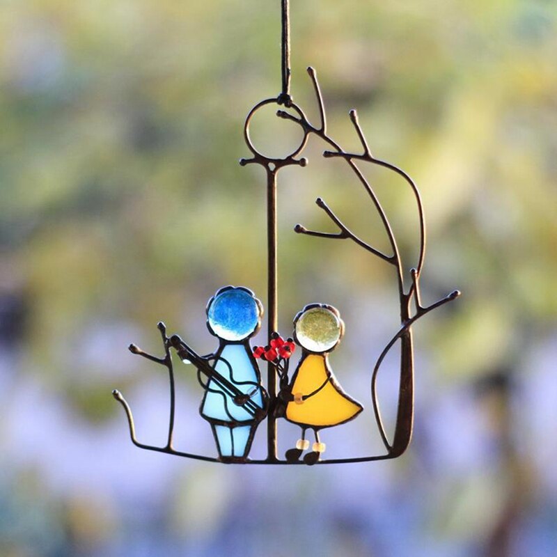 Stained Glass Angels Couple Doll Hangings SunCatcher Window Art Hanging Pendant Wall Door Decoration For Home Ornaments