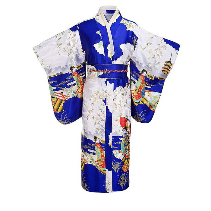 Kimono tradicional japonés de talla grande para mujer, ropa Vintage, novedad clásica, disfraz de Cosplay, ropa de actuación suave de manga larga: Royal Blue A