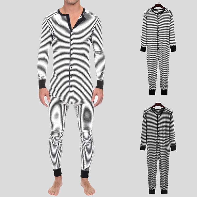 Men Striped Jumpsuit Homewear Skinny Leisure Long Sleeve O-Neck Button Soft Rompers Pajamas Cozy Mens Sleepwear Overalls