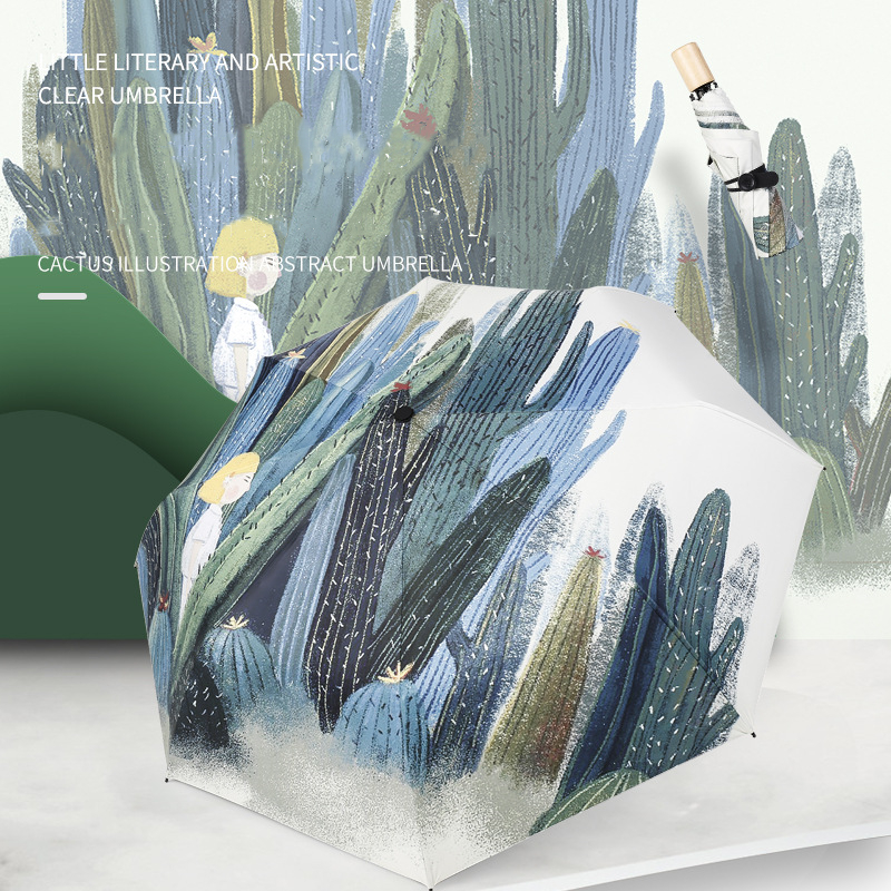 Hand drawn creativity Cactus Umbrella Women AutomaticFolding Anti-UV Rainproof Umbrella Parasol Rain Sun Light Umbrellas