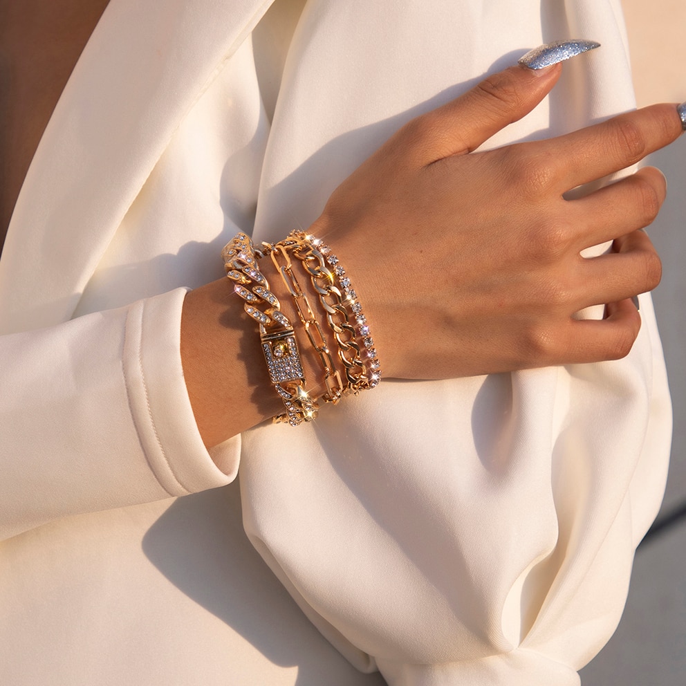 4 Stks/set Luxe Shiny Rhinestone Armbanden Set Bangle Vrouwen Mannen Verstelbare Clear Crystal Chunky Link Charm Armband Hand Sieraden