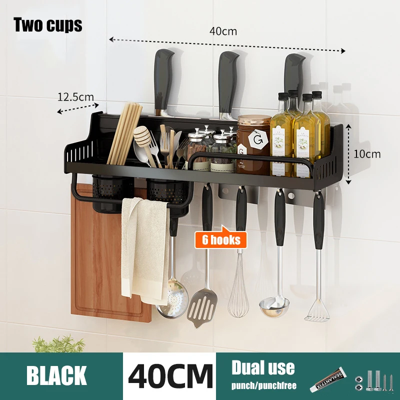 Estante de almacenamiento de cocina, estante de especias montado en la pared, de aluminio, sin perforaciones, cuchara, cuchillo, organizador de cocina multifunción: Verde
