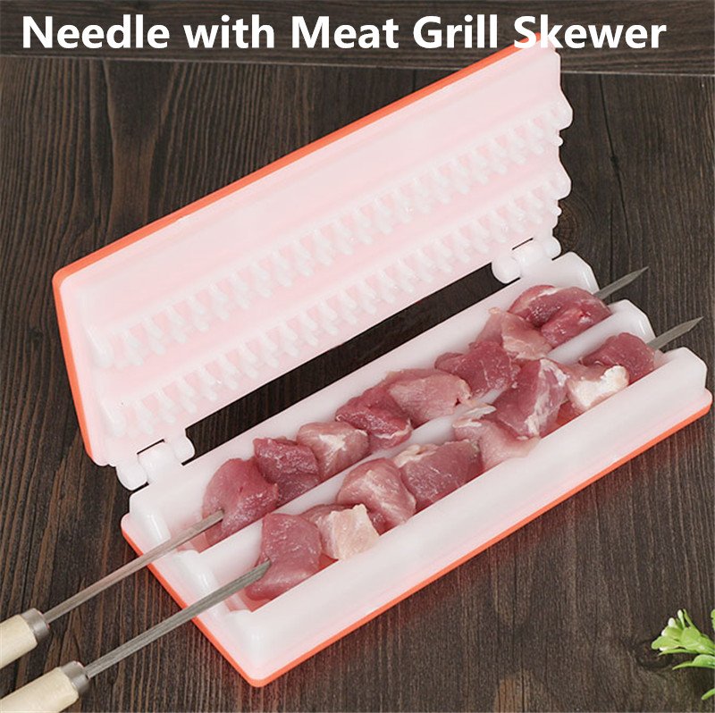Bbq nål med kød grill spyd grill grill nåle boks sikkerhed kød bbq værktøj snor shish oksekød fårekød kebab spyd maker