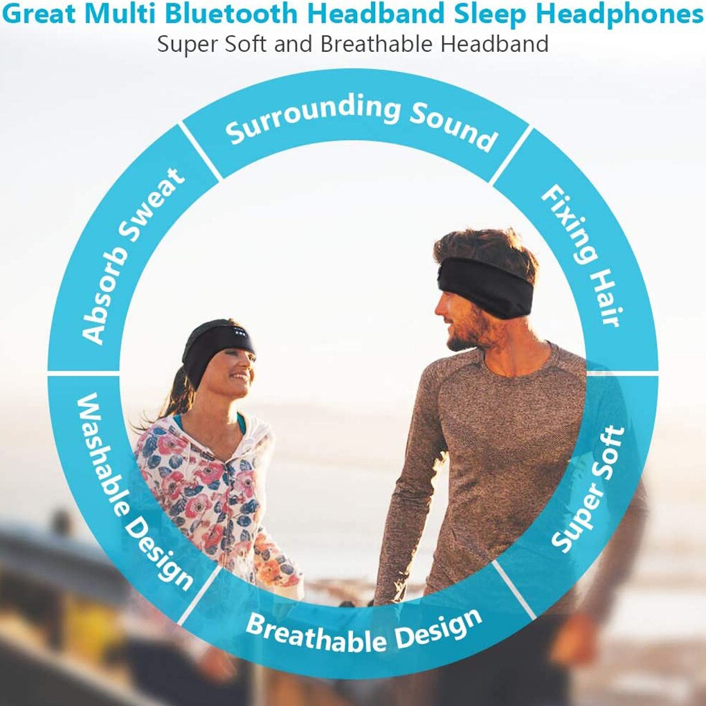 Fascia Bluetooth 5.0 Sport USB musica Wireless Running Head Band Sleeping Head Wear, nero/grigio