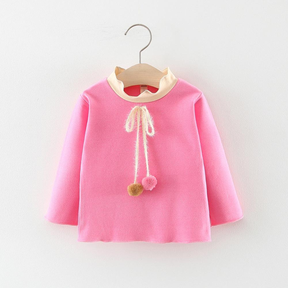 Herfst Winter Baby Meisjes Cotton Lange Mouwen Solid Kwasten Bal Dikke Fleece Prinses Party T-shirt Tops Baby Kids Kleding: Rose / 12m