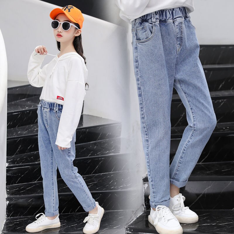Vår höst barnkläder flickor jeans barn jeans byxor byxor resår i midjan bred casual tonåring jeans för tjej  w485
