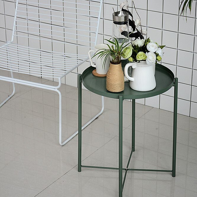 Mesa de centro redonda de hierro, mesa de salón lateral, bandeja extraíble, multiusos, estante de almacenamiento para muebles del hogar, novedad: Green