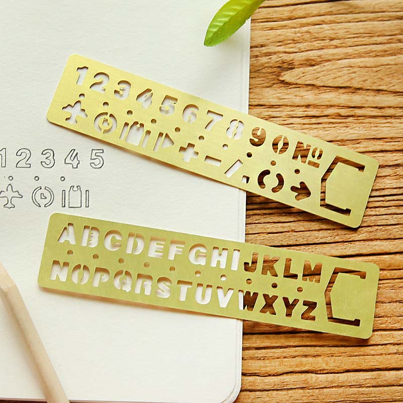 EZONE Number/Alphabet Pattern Ruler Golden Metal Drawing Template Multifunctional Hollow Out Brass Ruler Bookmark School Supply