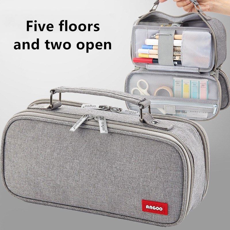 Draagbare Canvas Etui School Briefpapier Opbergtas Grote Capaciteit Pen Case Effen Kleur Pen Zak Leuke Cosmetische Tas Girlgift: Angoo Double open B2