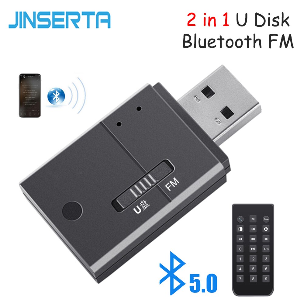 JINSERTA U Disk Auto Bluetooth 5.0 FM Zender Ontvanger Handsfree Stereo MP3 Muziekspeler Auto Kit met Afstandsbediening
