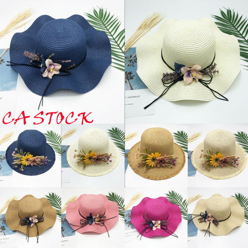 Visera ancha de paja plegable para mujer, sombrero de playa , informal, bohemio, con cordones y flores, protección solar, para verano